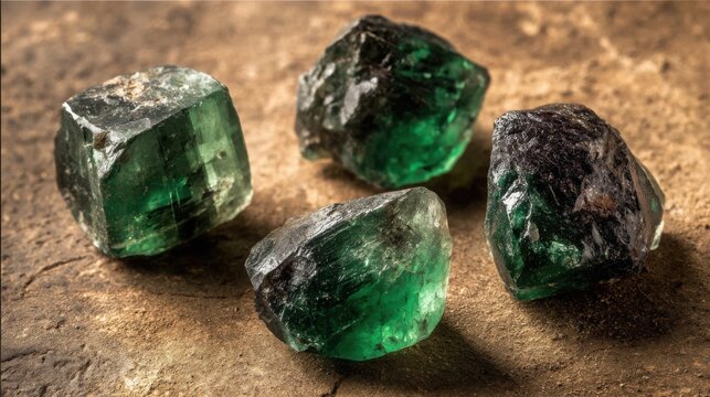 Four striking raw emerald crystal formations displaying vibrant green hues on a textured surface