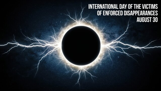 International Day of the Victims of Enforced Disappearances poster with eclipse and lightning in space.