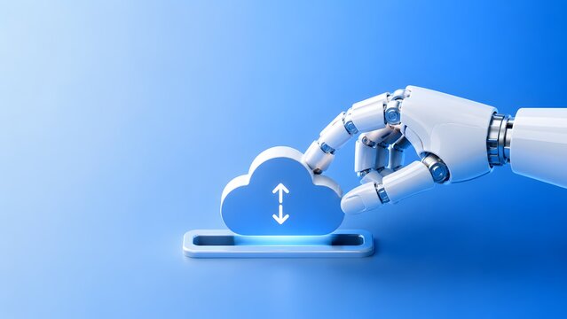 Robotic hand placing a cloud computing icon into a digital slot representing automated backup systems and artificial intelligence network integration