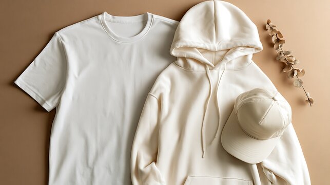 white clothing and hat on brown background