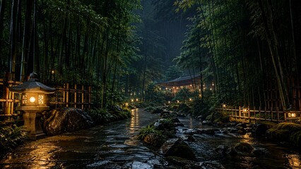 Fototapeta premium Japanese Bamboo Garden with Stream and Stone Lanterns on a Rainy Night