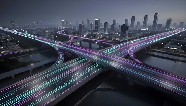 Futuristic transportation scene with urban roadway and digital connectivity