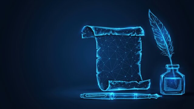 Digital plexus art of vintage scroll and fountain pen