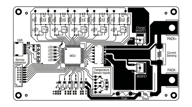 Black and white printed circuit board technical schematic diagram