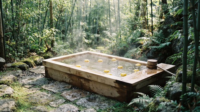 An Onsen Nestled In A Lush Bamboo Forest Featuring A Steaming Soaking Tub Filled With Bright Yellow Citrus Fruits Set Upon A Bed Of Mossy Stones Amidst Green Bamboo Stalks