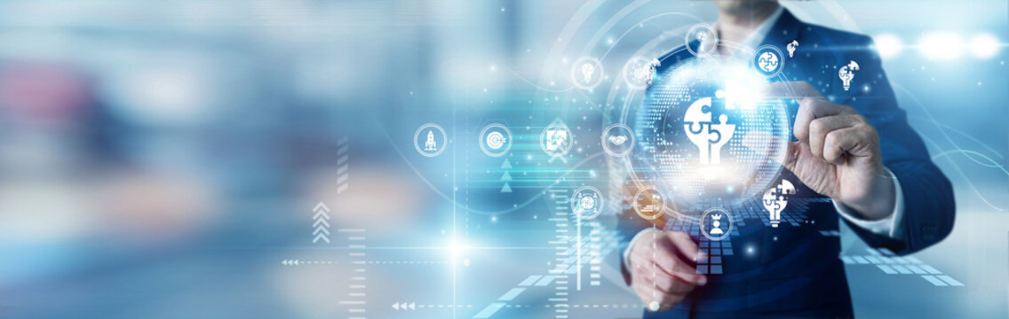 Manager hand hold global SOLUTIONS and network strategies. Innovative ideas solve complex issues. Professional services deliver effective results for every modern business challenge.