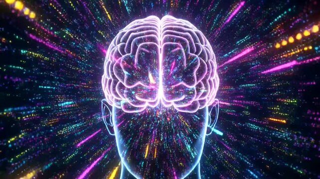 Abstract glowing brain with neon lights and energy burst.