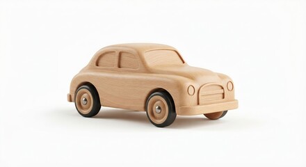 Fototapeta premium Small wooden toy car with a simple vintage-inspired design isolated on a clean white background.