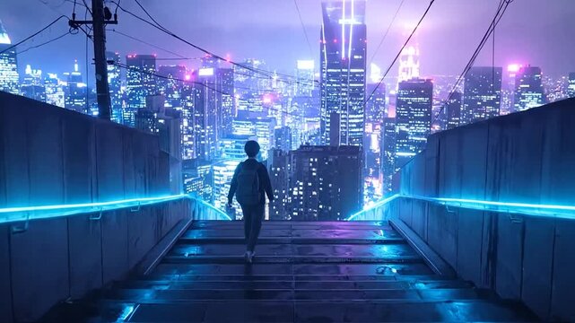 Person on neon walkway in futuristic city.
