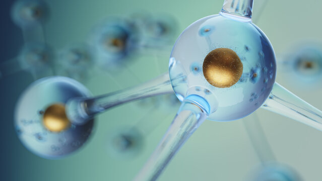 Macro close-up of glass atom sphere with golden core and connecting molecular bonds
