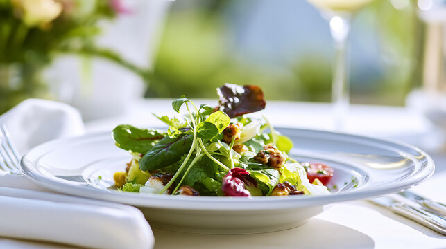 Fresh gourmet salad with mixed greens, cherry tomatoes, walnuts, and cheese, enjoying an healthy outdoor dining experience