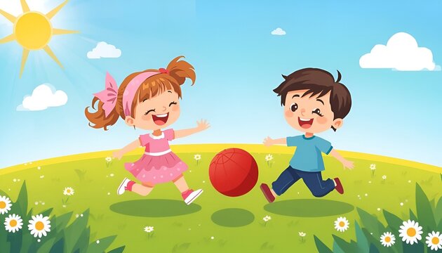 A cute cartoon boy and girl happily playing catch with a ball in a green field. A simple and joyful illustration of outdoor play and friendship