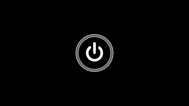 A minimalist white power button symbol with a subtle grey outline is centered on a stark black background, representing technology and digital control with a clean and simple aesthetic user