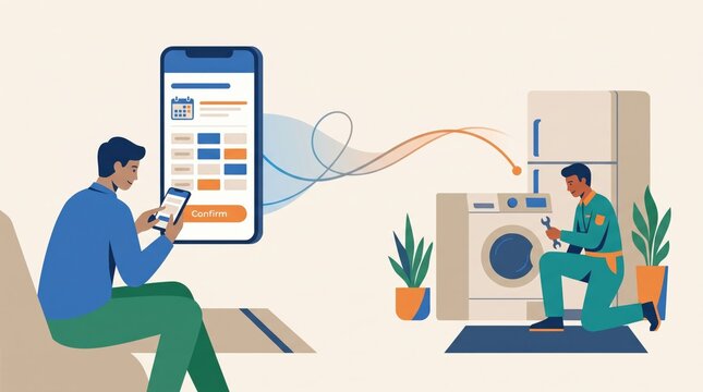 Man booking home appliance repair service via mobile phone app with appliance maintenance smartphone technician plumbing professional customer scheduling platform internet technology