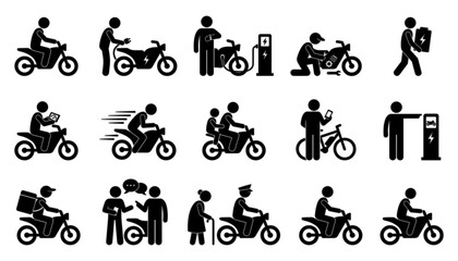 Naklejka premium Set of electric motorcycle icons, people riding, charging, and interacting with ebikes