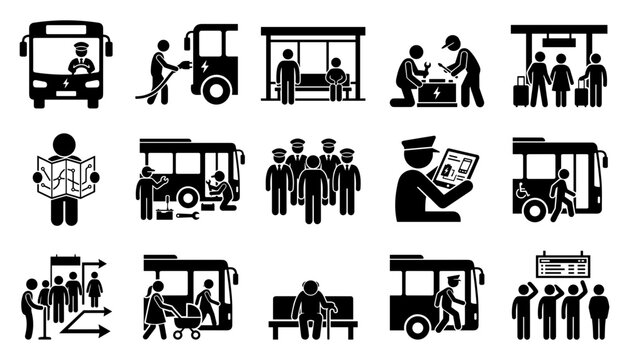 Bus transport public vector icons set