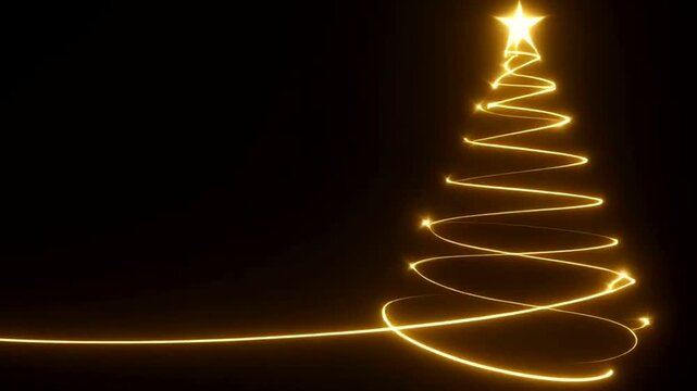 Abstract golden light painting forming a Christmas tree shape on black background.