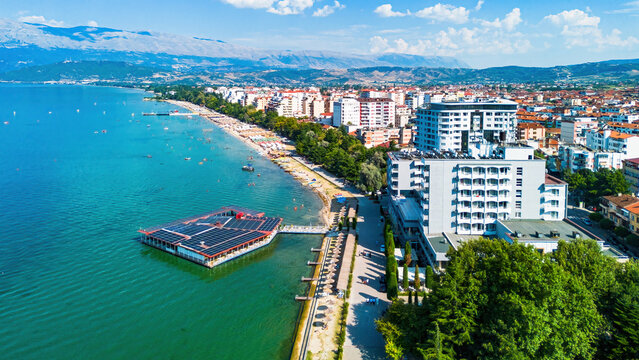 Aerial view of Pogradec, Albania, nestled on the shores of Lake Ohrid
