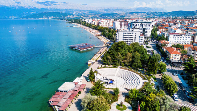 Aerial view of Pogradec, Albania, nestled on the shores of Lake Ohrid