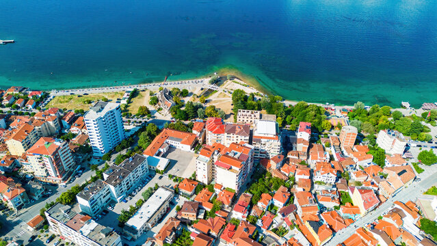 Aerial view of Pogradec, Albania, nestled on the shores of Lake Ohrid