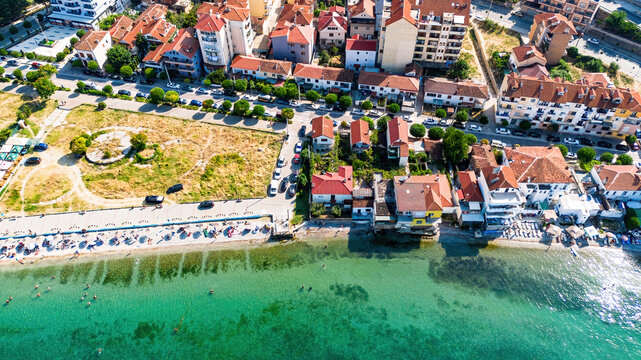 Aerial view of Pogradec, Albania, nestled on the shores of Lake Ohrid