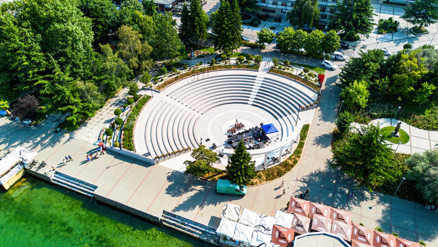 Aerial view of Pogradec, Albania, nestled on the shores of Lake Ohrid