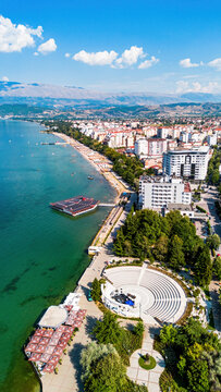 Aerial view of Pogradec, Albania, nestled on the shores of Lake Ohrid