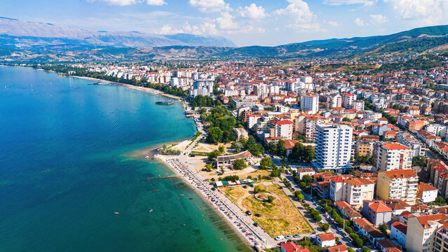 Aerial view of Pogradec, Albania, nestled on the shores of Lake Ohrid