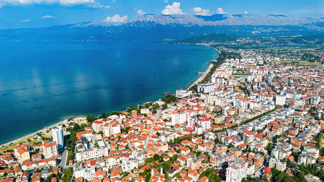 Aerial view of Pogradec, Albania, nestled on the shores of Lake Ohrid