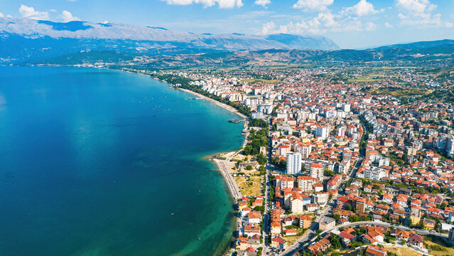 Aerial view of Pogradec, Albania, nestled on the shores of Lake Ohrid