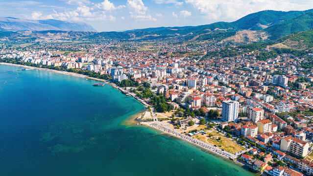 Aerial view of Pogradec, Albania, nestled on the shores of Lake Ohrid