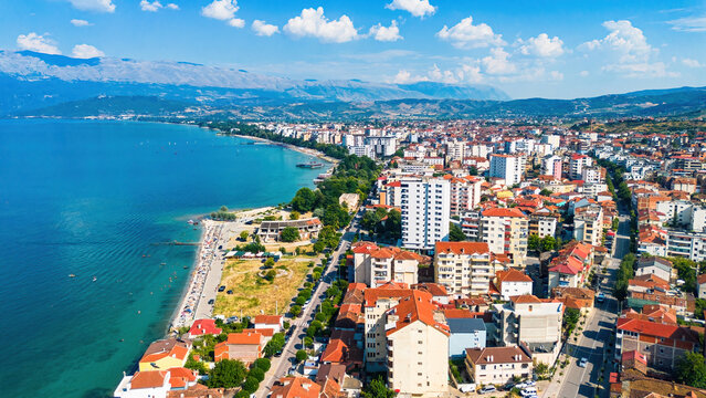 Aerial view of Pogradec, Albania, nestled on the shores of Lake Ohrid