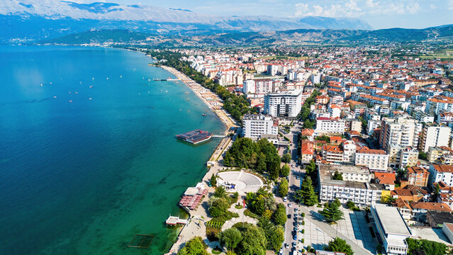 Aerial view of Pogradec, Albania, nestled on the shores of Lake Ohrid
