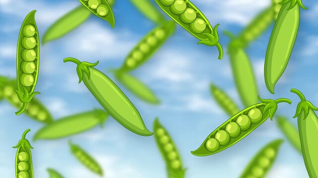 Cartoon Green Pea Pods Falling Against a Blue Sky Background