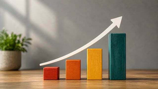 3D colorful block bar chart with a curved rising white arrow on a wooden surface. Concept of progressive business performance and financial market success.