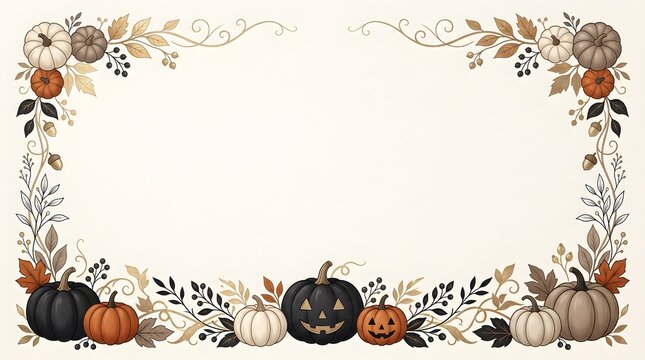 Autumn harvest pumpkin border with fall foliage and halloween jack o lanterns on beige background