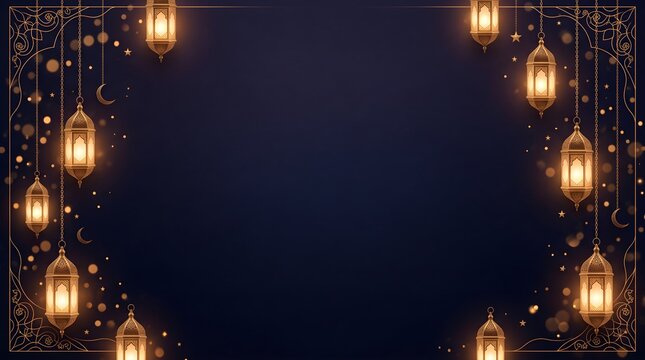 Islamic ramadan lantern border frame with golden bokeh and glowing stars on dark blue background