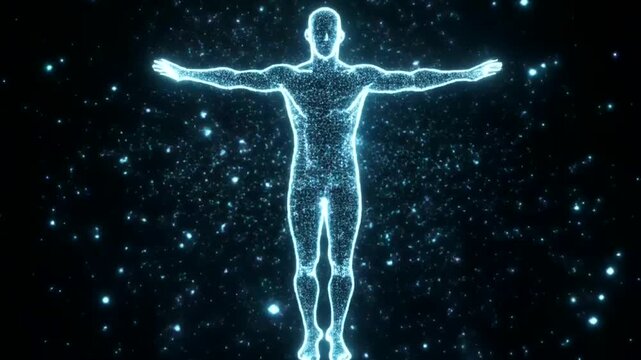 Abstract Human Figure Glowing in Cosmic Starry Night Sky.