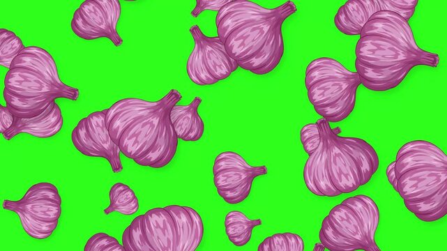 Animated Purple Garlic Bulbs Falling Downward on Green Screen Background