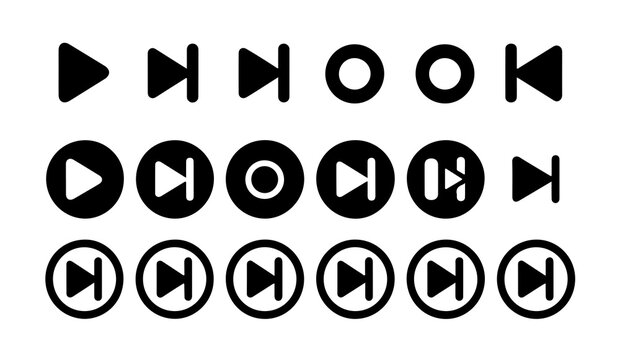 Diverse black media player icons for digital interfaces with play pause and rewind functions.