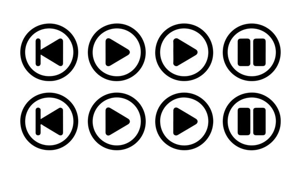 Circular outline playback buttons for media players featuring play pause and skip icons for digital interfaces.