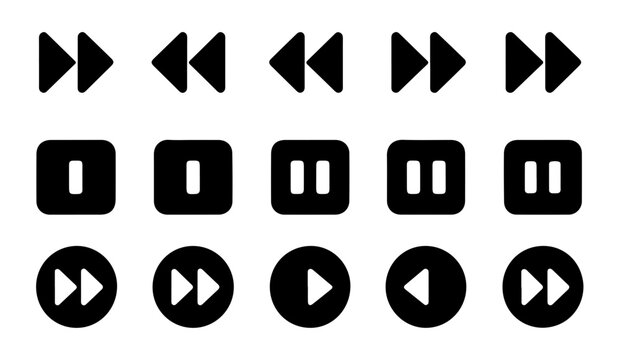 Collection of multimedia player interface icons including play pause stop fast forward and rewind arrows in black.