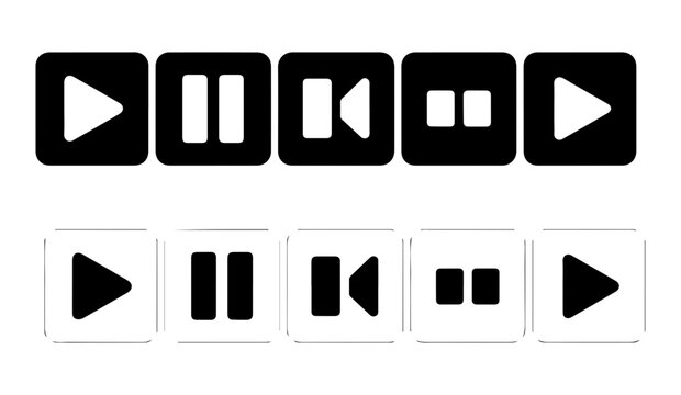 Black modern media player buttons with play pause and rewind icons on transparent background for user interface design.