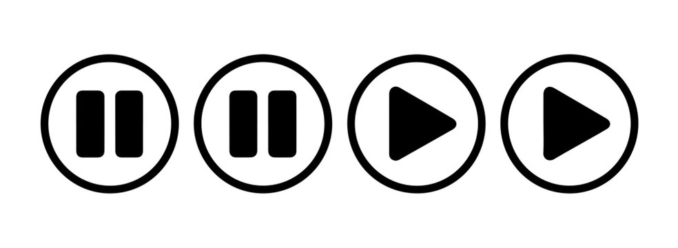 Modern black play and pause media player icons within circles for user interface controls on transparent background.