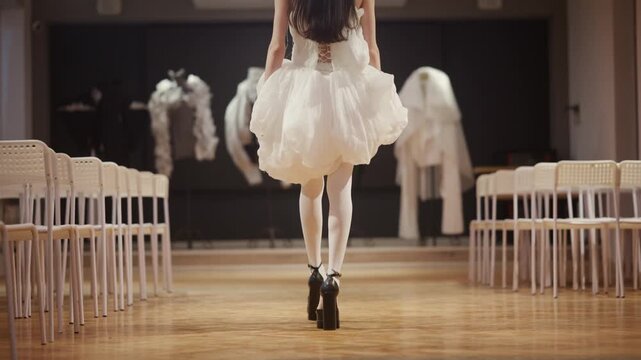 Model walking runway in white avant garde dress and high platform shoes during fashion show rehearsal.