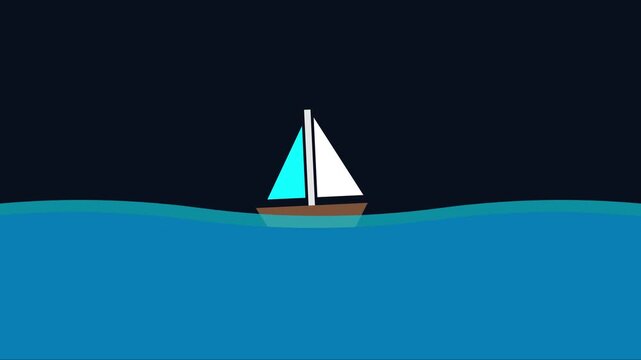 Minimalist sailboat sailing on ocean waves animation, flat of a boat at sea 4k