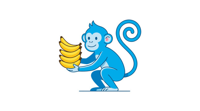 Blue monkey cartoon character holding bunch of yellow bananas.