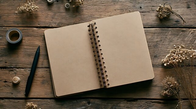 spiral notebook on wooden desk with dried flowers and pen