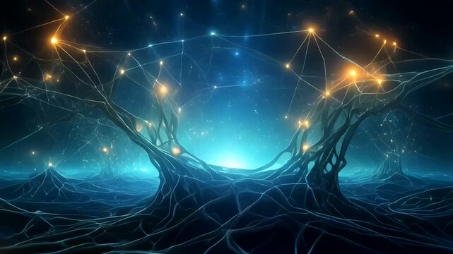 Abstract Neural Network Networked Connections Glowing Blue and Orange Lights.