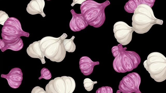 Falling Mixed Garlic Bulbs Animation on Isolated Black Background